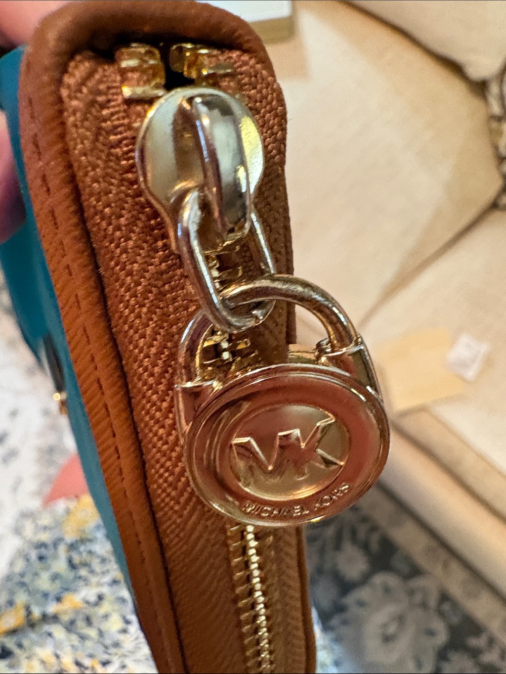 Michael Kors Teal Zip-Around Wallet with Brown Trim - Picture 9 of 14